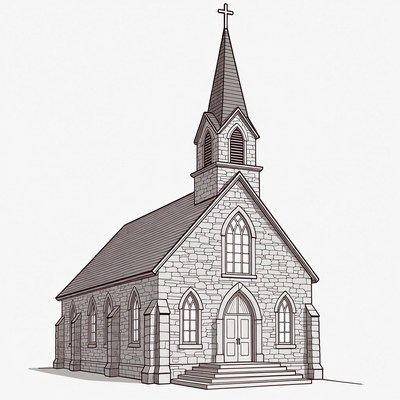 Stone Church with Steeple Illustration