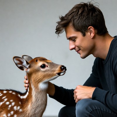 Man petting baby deer