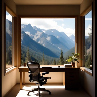 Office with Desk Facing Snowy Mountains