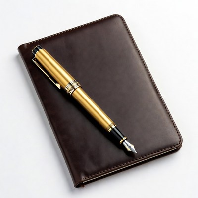 Gold fountain pen on leather notebook