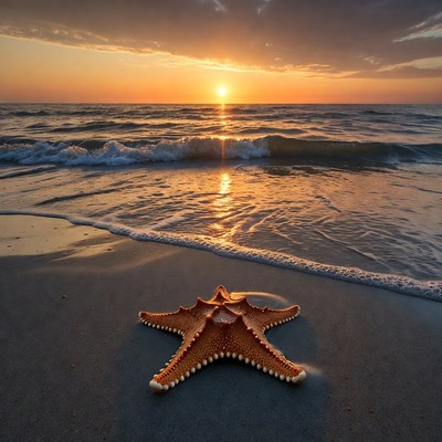 Starfish on beach at sunset