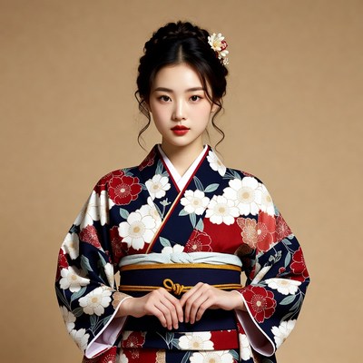 Asian woman in floral kimono
