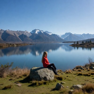 Woman sitting on rock by mountain lake