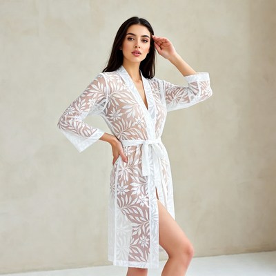Woman in white lace kimono robe