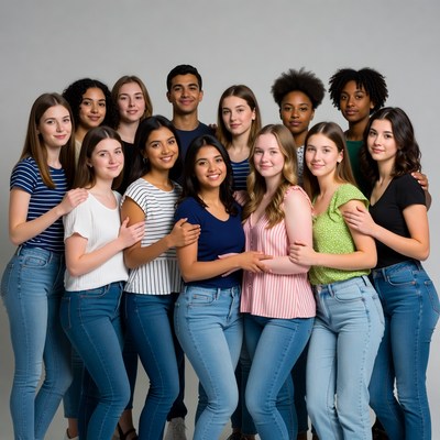 Diverse group of teenage girls hugging