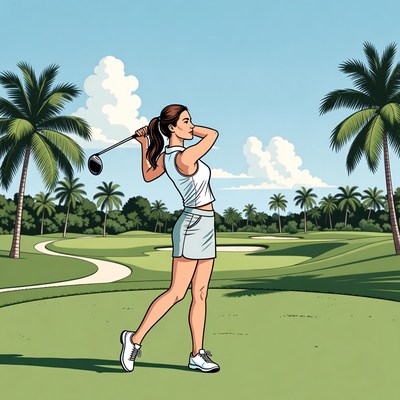 Woman swinging golf club on course