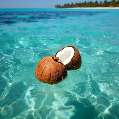 Split Coconut Floating in Turquoise Water
