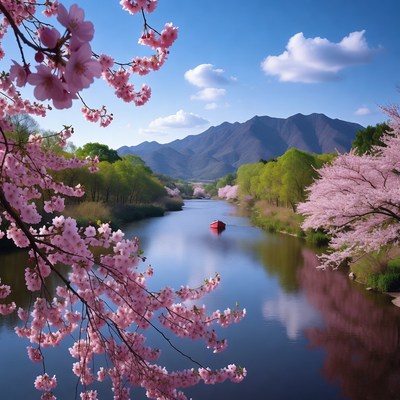 Red Boat on River Amid Cherry Blossoms