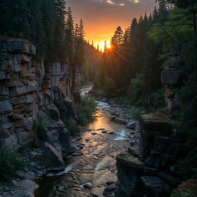 Sunset over river in forested canyon