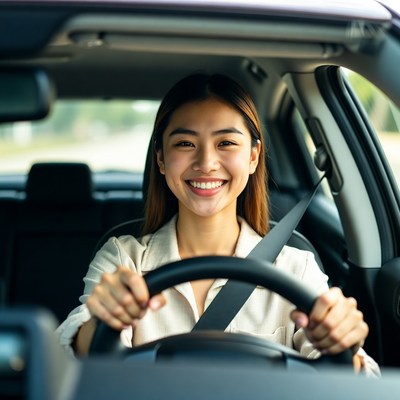 Asian woman driving car smiling