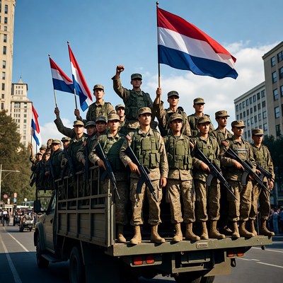 Soldiers with Dutch flags on military truck