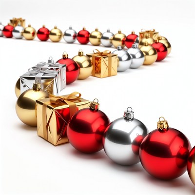 Curved Line of Christmas Ornaments and Gifts