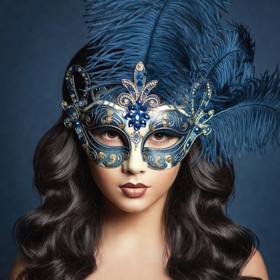 Woman wearing blue feathered masquerade mask