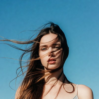 Woman with wind-swept hair against blue sky