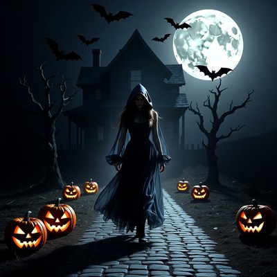Woman in black dress walking Halloween path