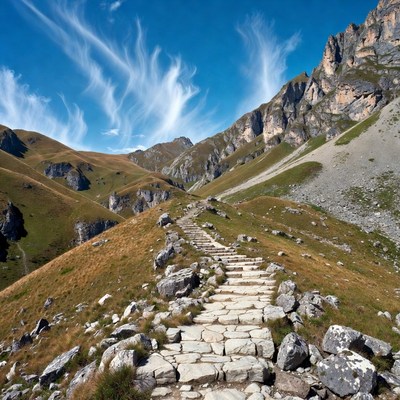 Stone path through alpine mountains