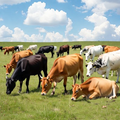 Herd of cows grazing in green field
