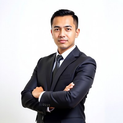Asian man in suit with arms crossed
