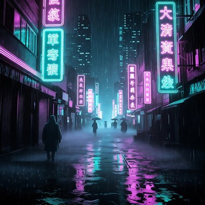 Neon-lit rainy cyberpunk street with umbrellas