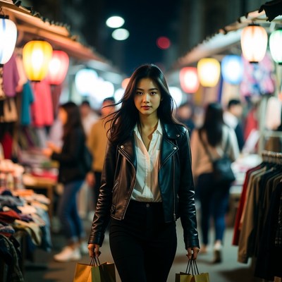 Asian woman shopping bags night market