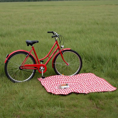 Red bicycle on picnic blanket in grass