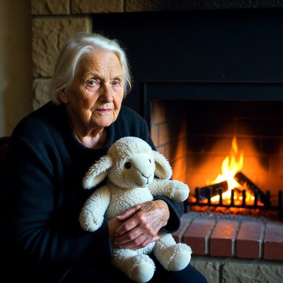 Elderly woman holding teddy bear by fireplace