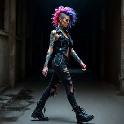 Punk Woman with Pink Blue Mohawk Walking