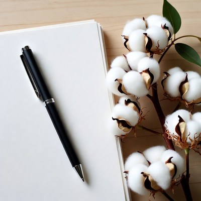Cotton Bolls with Pen and Notebook