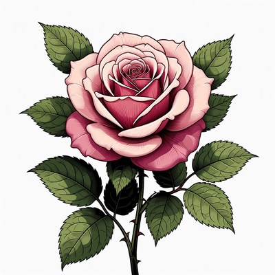 Pink Rose with Leaves and Stem