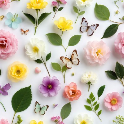 Colorful Flowers Butterflies Leaves Flat Lay