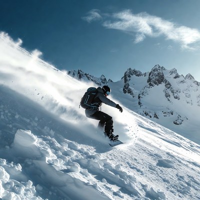 Man snowboarding down snowy mountain