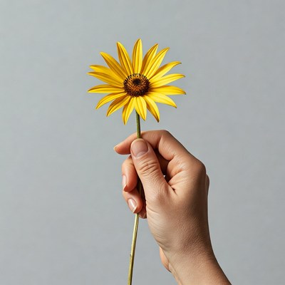 Hand holding yellow daisy flower