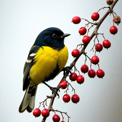 Black-and-yellow warbler on red berries