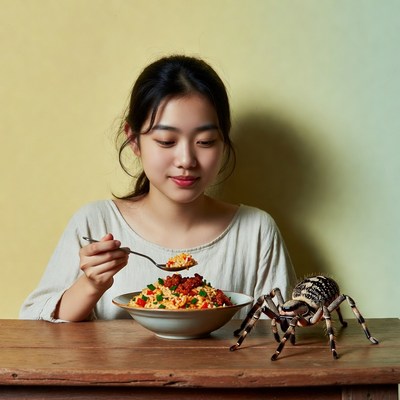 Asian woman eating fried rice with tarantula