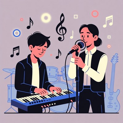 Asian boy pianist and girl singer performing