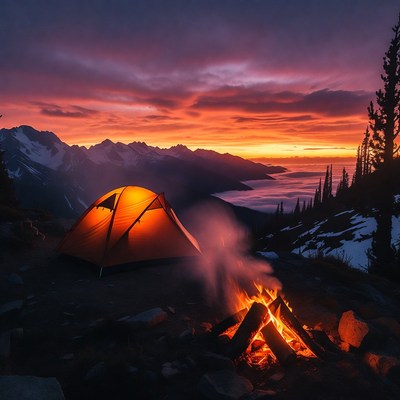 Orange tent campfire sunset mountains