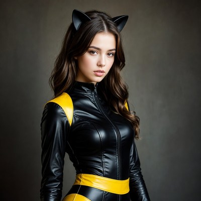 Woman in black and yellow cat suit