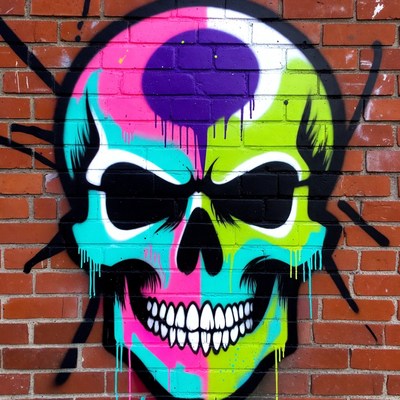 Colorful Neon Skull Graffiti on Brick Wall