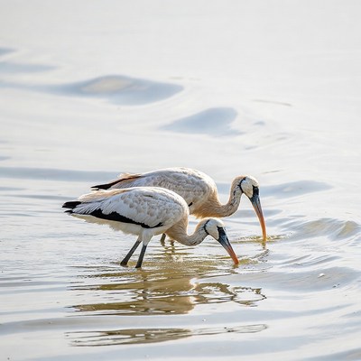 Two painted storks foraging in water