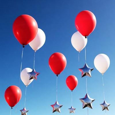 Red White Blue Balloons Stars Sky