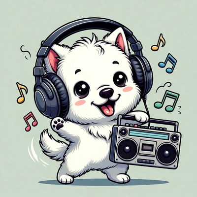 Cute white puppy with headphones and boombox