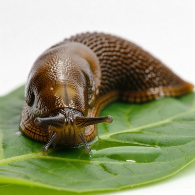 Brown snail on green leaf