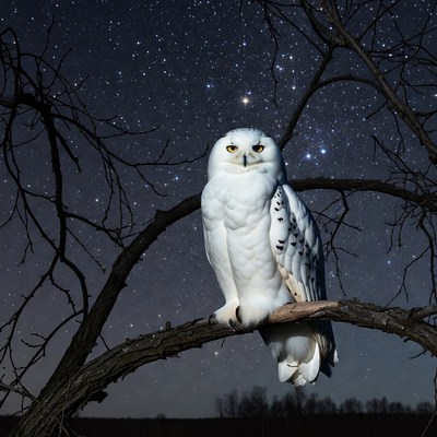 Snowy Owl Perched on Tree Branch