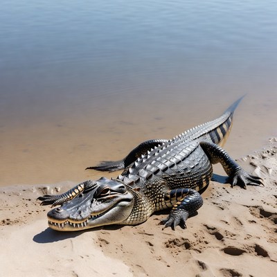 Alligator on sandy beach by water