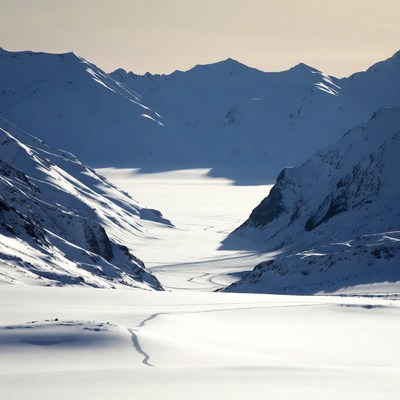 Snowy Mountain Valley with Glacier