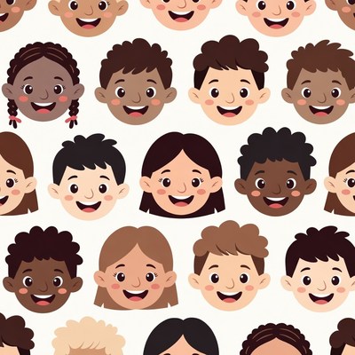Diverse cartoon kids smiling faces pattern