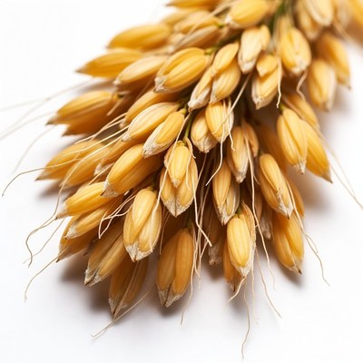 Golden wheat stalks on white background