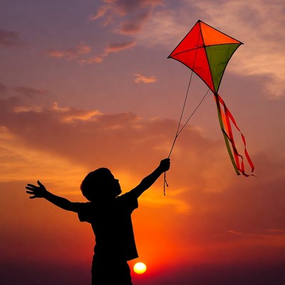 Boy flying kite at sunset