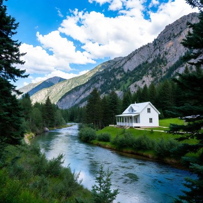 White Cabin by Mountain River