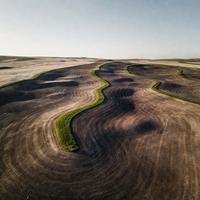 Curving green field paths in plowed farmland